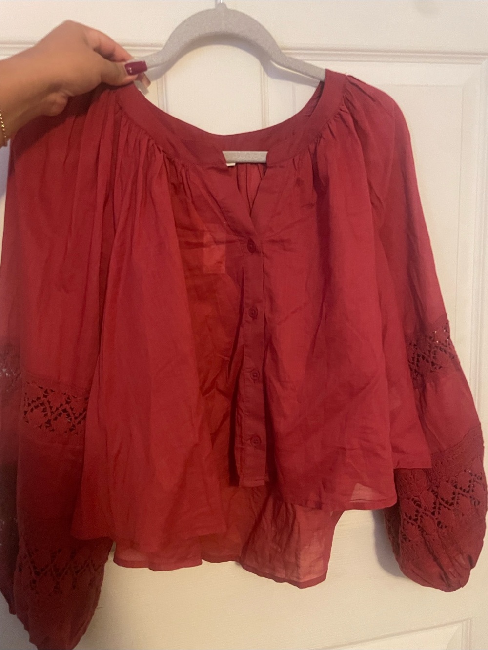 aerie Red Boho Button-Front Peasant Blouse